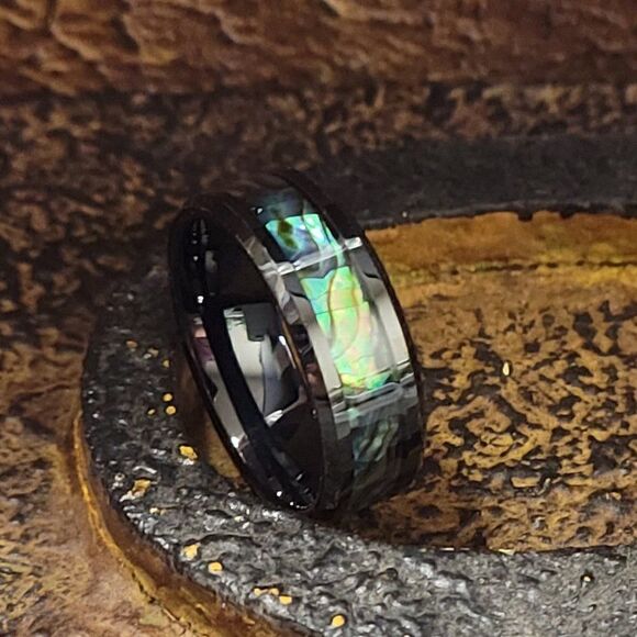 Personalized Engraved Men's Abalone Tungsten Wedding Ring or Promise ring - Picture 3 of 10